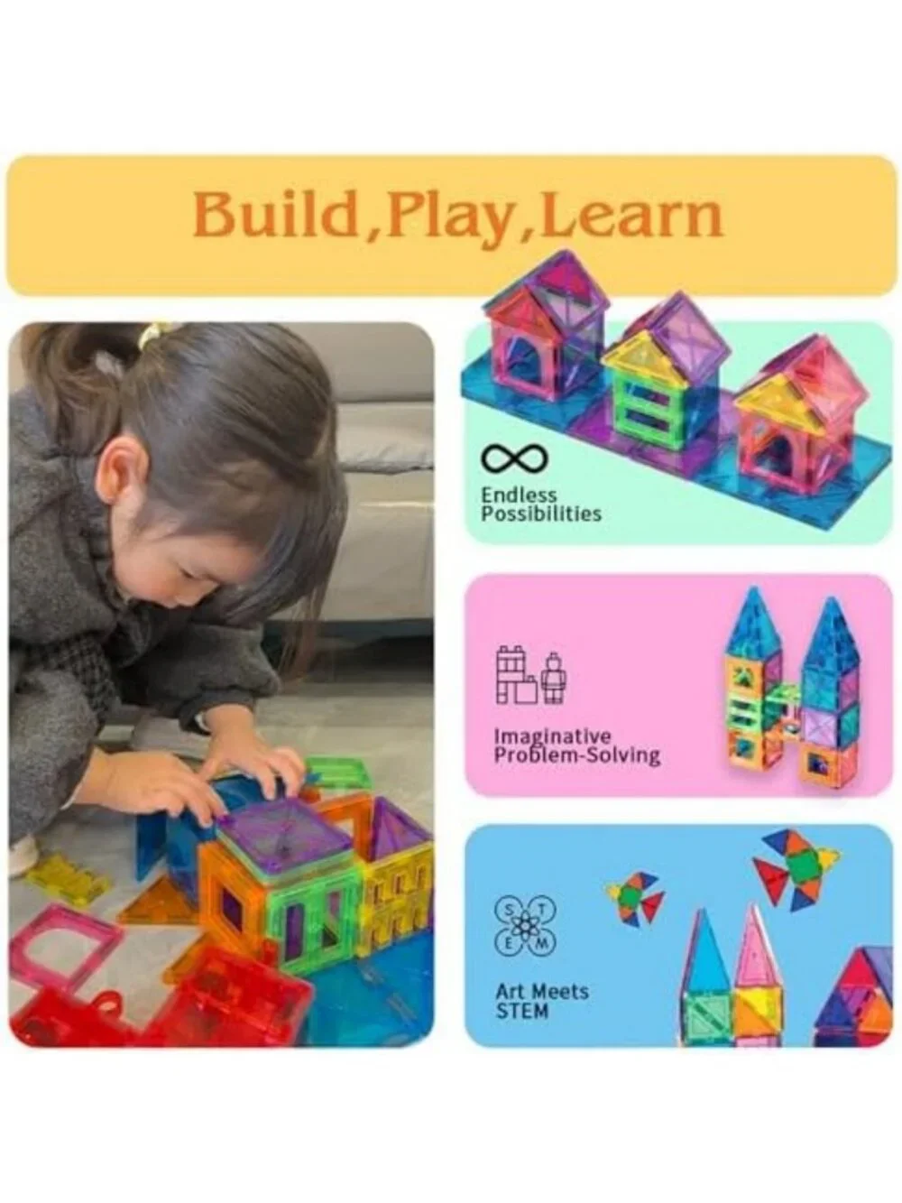 Magnetic Building Tiles Set, 138-Piece Creative Play for Kids Ages 4-8